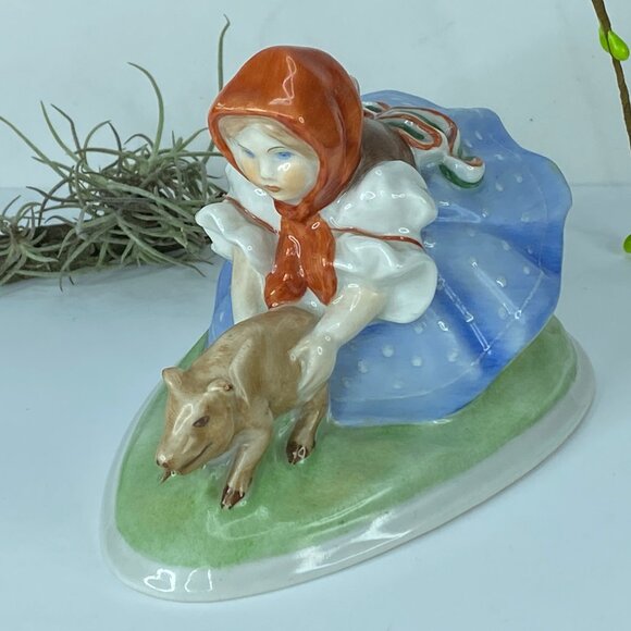 Herend Hungary China - Hungarian Girl Chasing Pig Piglet Figurine 5.25 inches